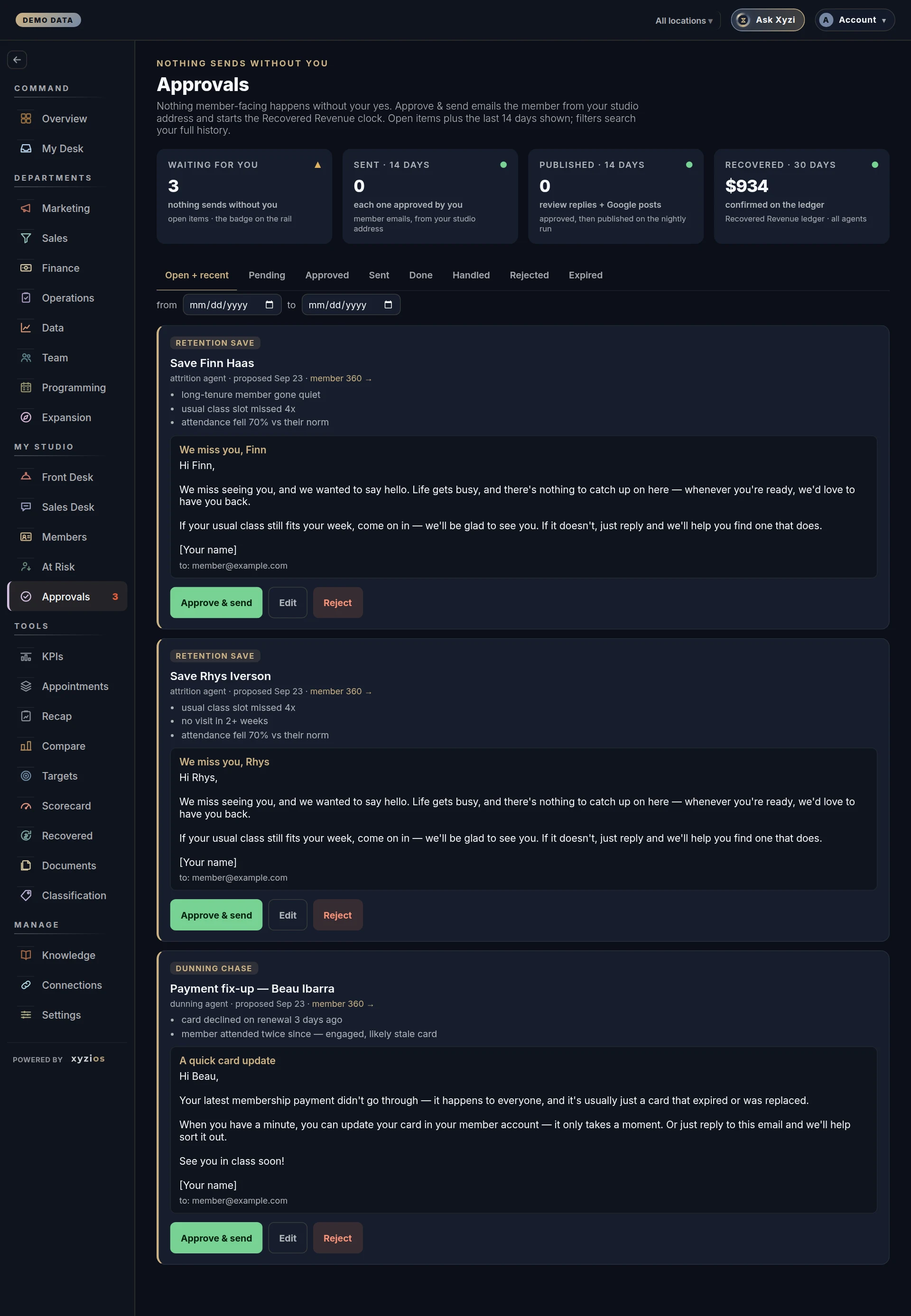 The Approvals in Xyzios on All locations, desktop size, dark theme, showing the Demo Studio