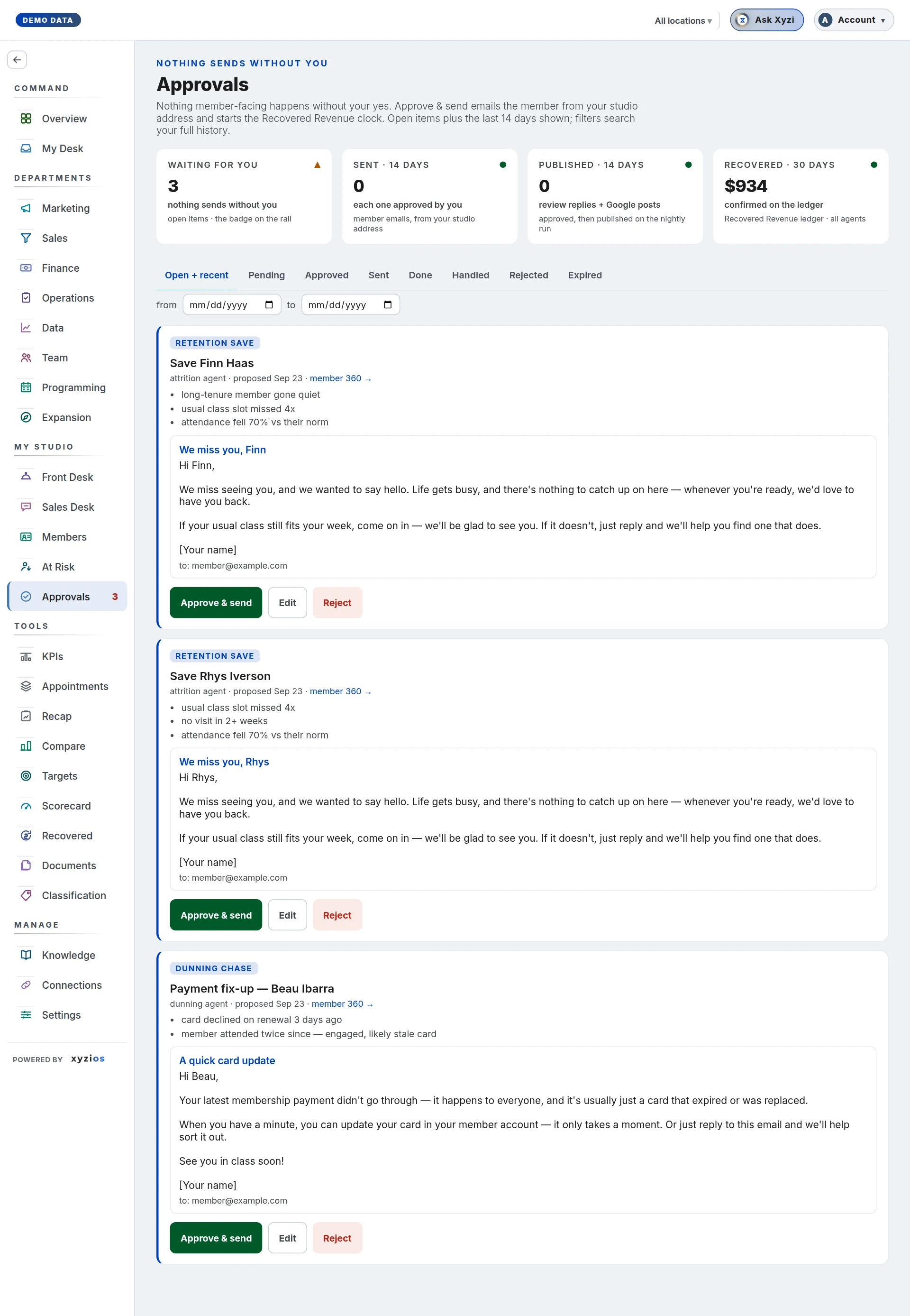 The Approvals in Xyzios on All locations, desktop size, light theme, showing the Demo Studio