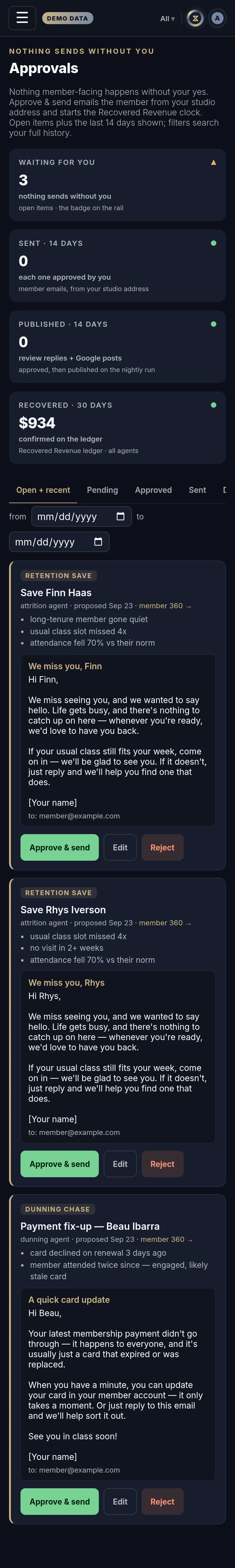 The Approvals in Xyzios on All locations, phone size, dark theme, showing the Demo Studio