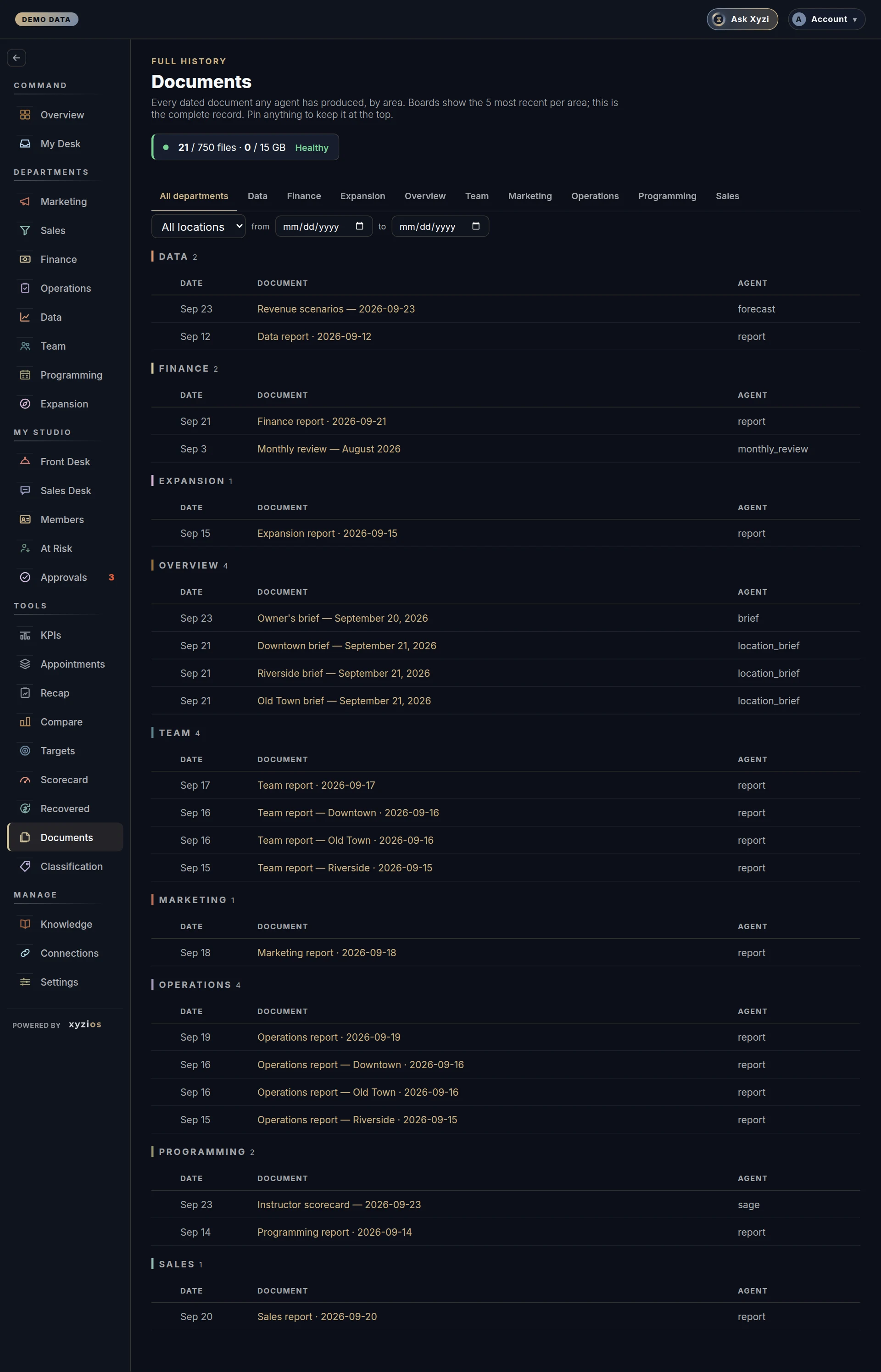 The Documents in Xyzios on All locations, desktop size, dark theme, showing the Demo Studio
