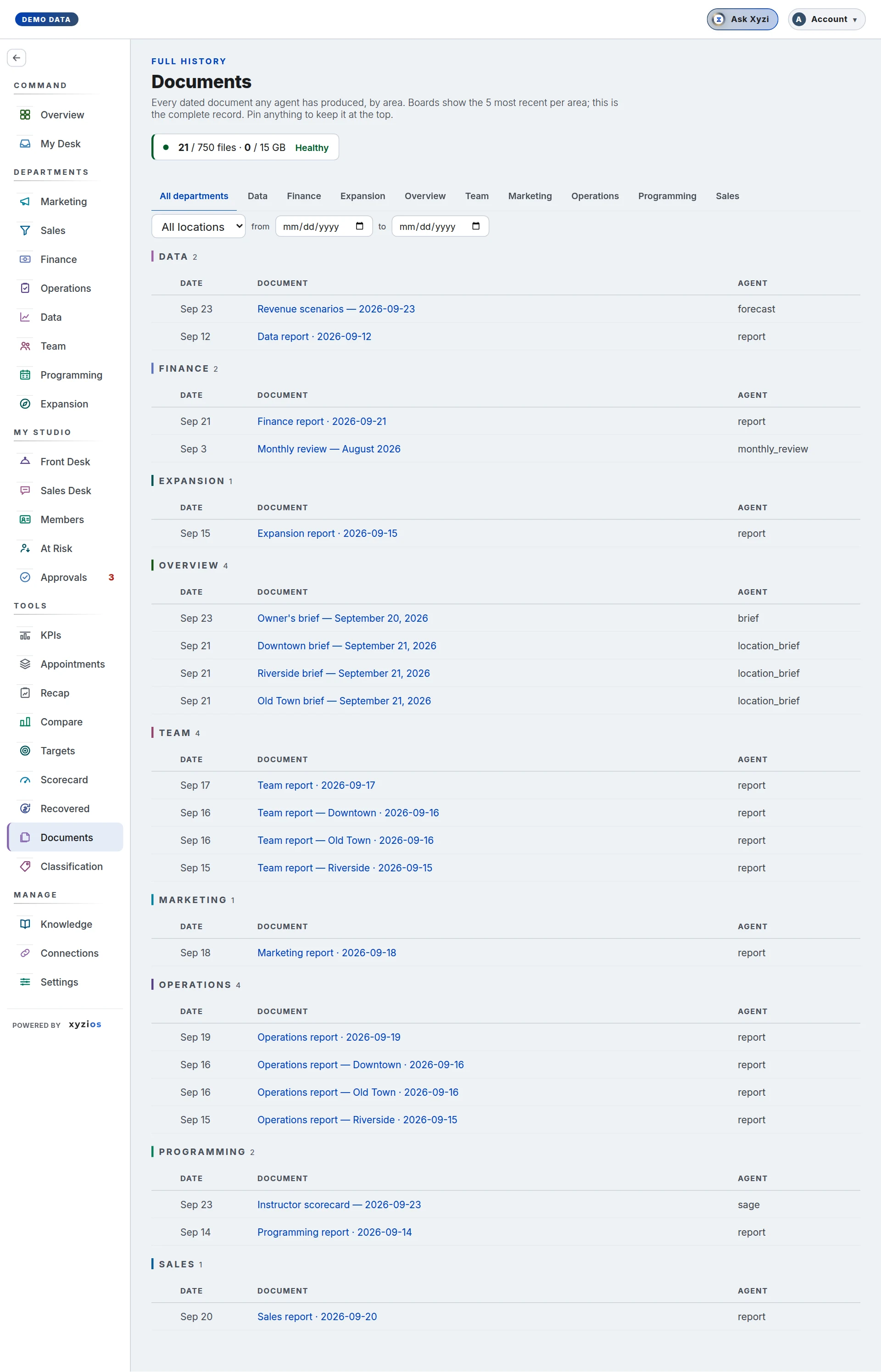 The Documents in Xyzios on All locations, desktop size, light theme, showing the Demo Studio