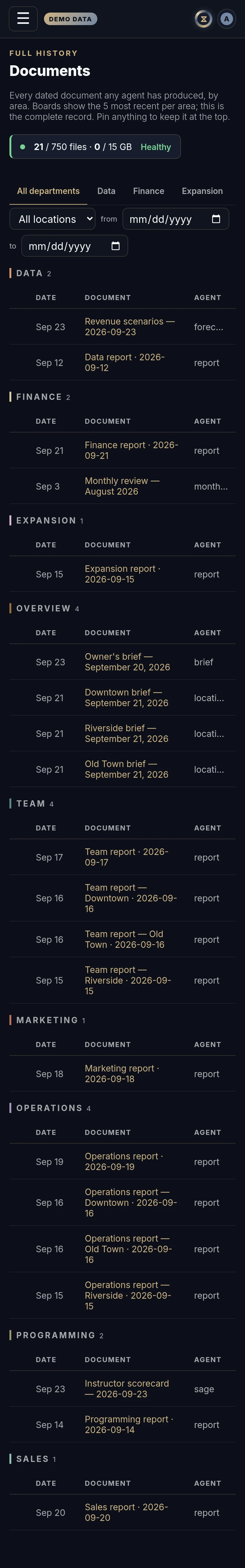 The Documents in Xyzios on All locations, phone size, dark theme, showing the Demo Studio
