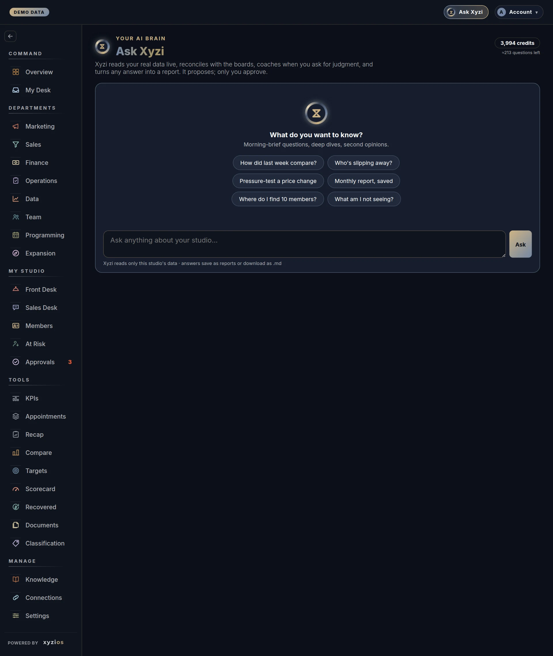 The Ask Xyzi in Xyzios on All locations, desktop size, dark theme, showing the Demo Studio