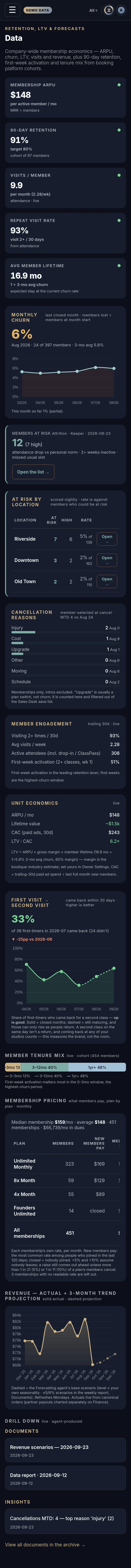 The Data in Xyzios on All locations, phone size, dark theme, showing the Demo Studio