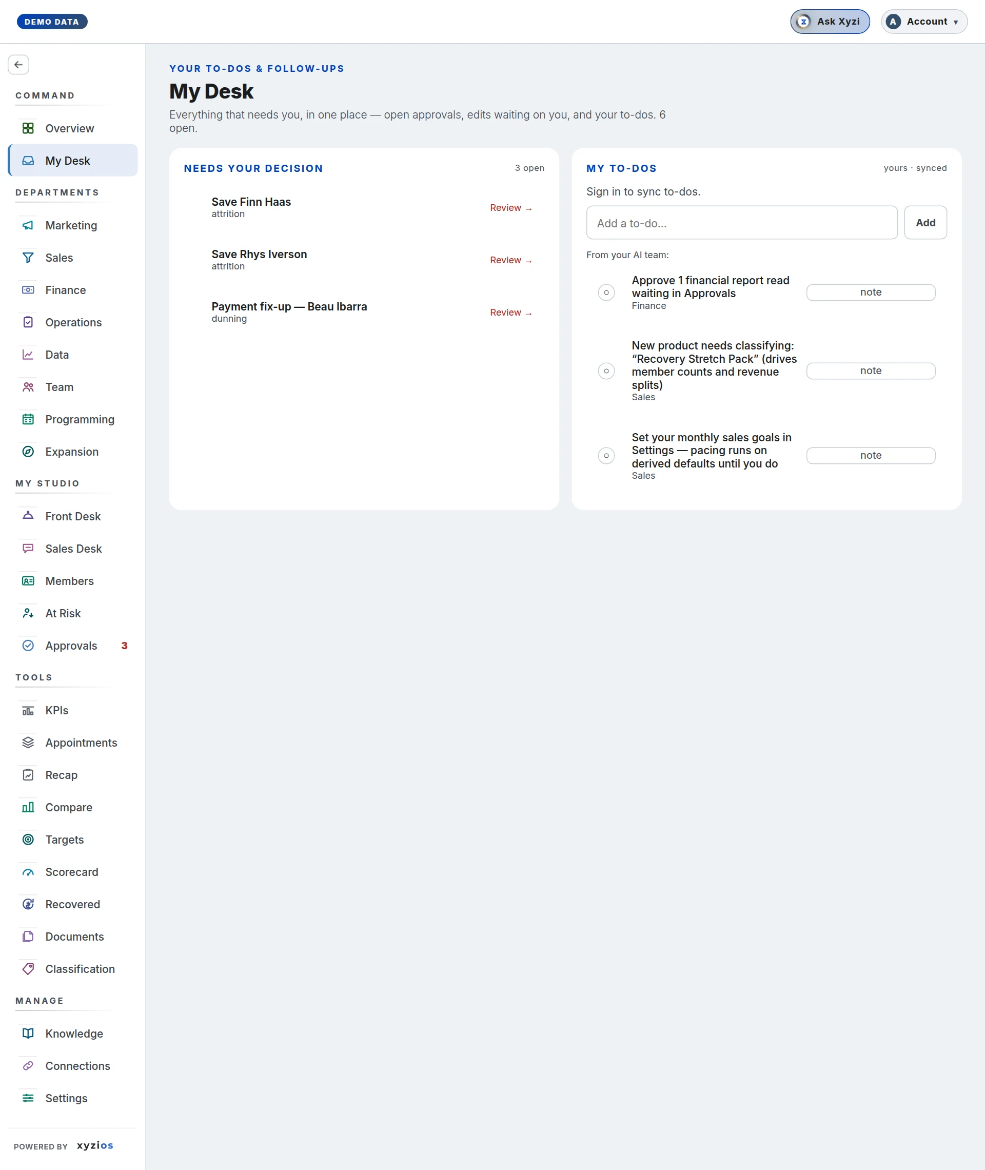 The My Desk in Xyzios on All locations, desktop size, light theme, showing the Demo Studio