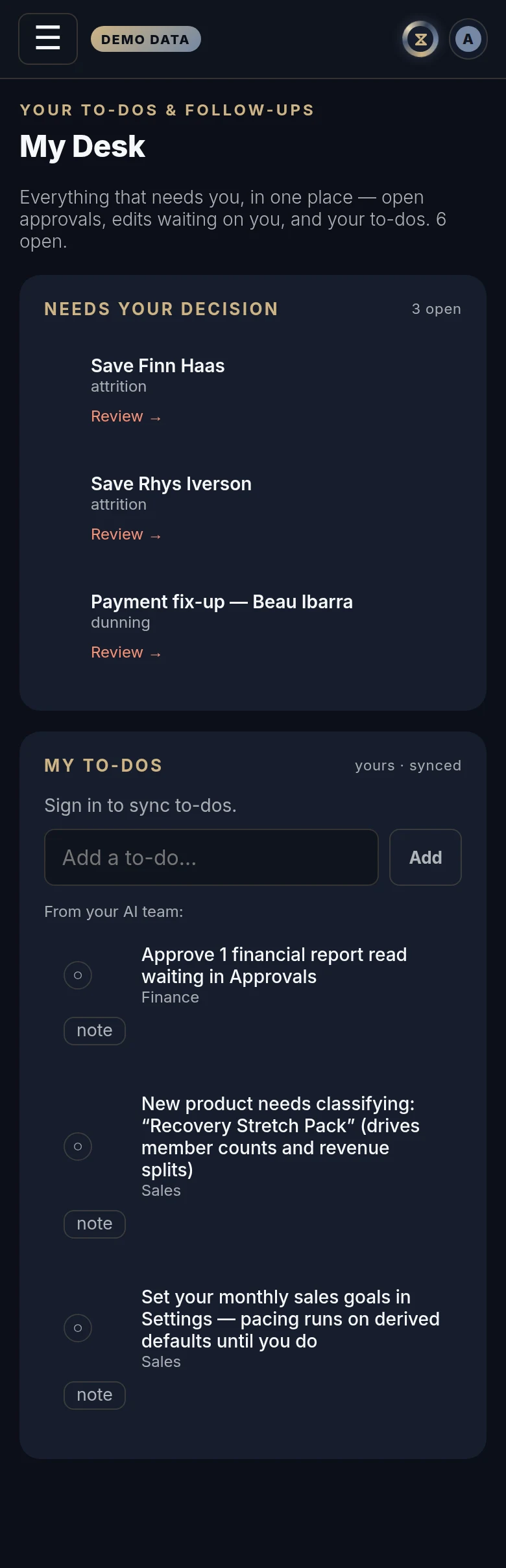 The My Desk in Xyzios on All locations, phone size, dark theme, showing the Demo Studio