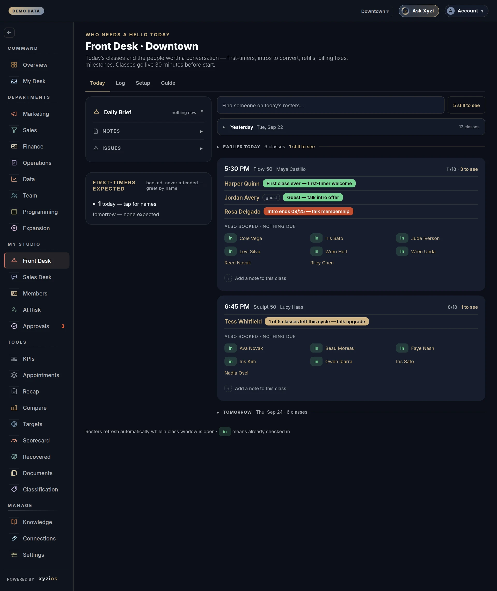 The Front Desk in Xyzios on Downtown, desktop size, dark theme, showing the Demo Studio