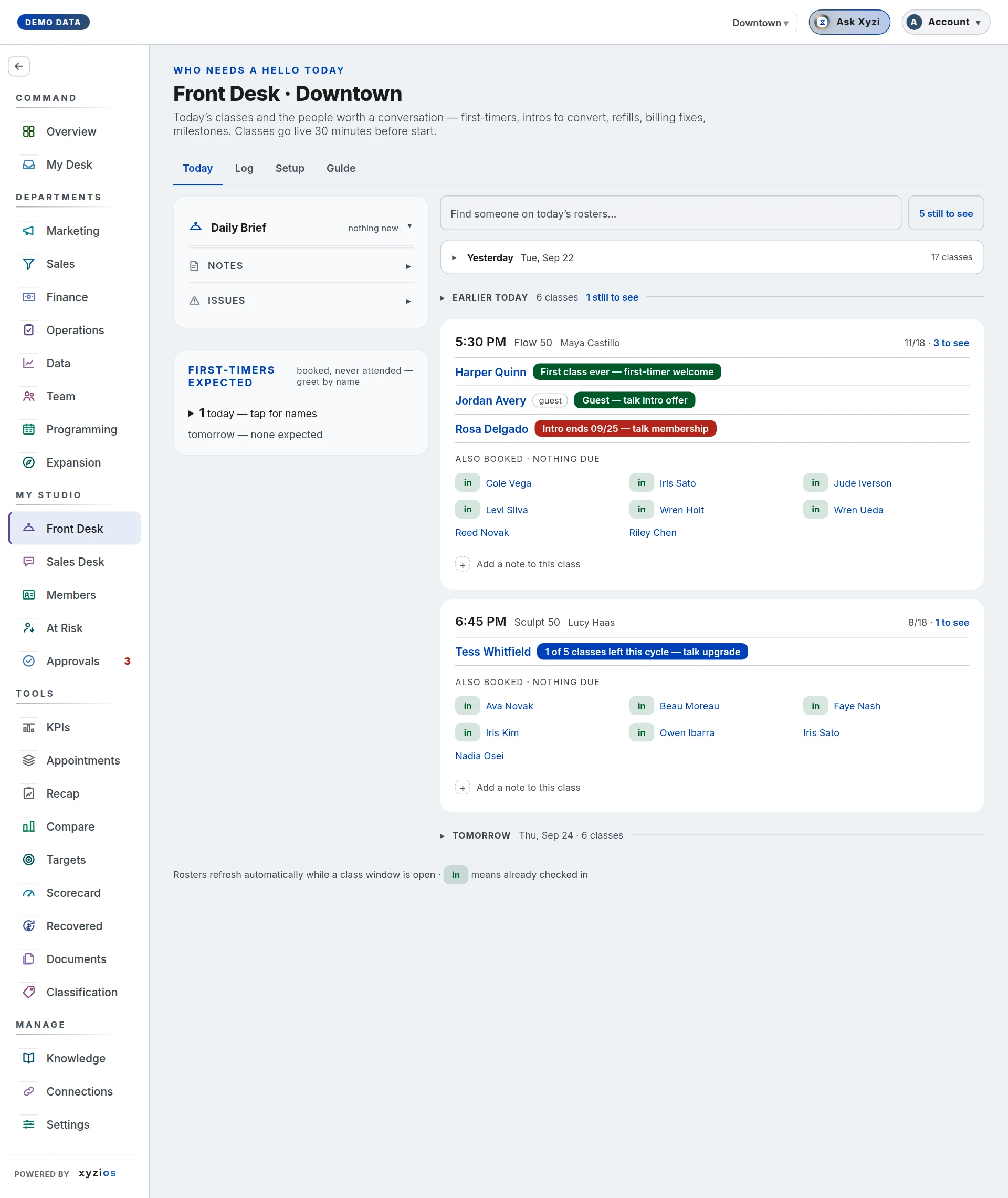 The Front Desk in Xyzios on Downtown, desktop size, light theme, showing the Demo Studio