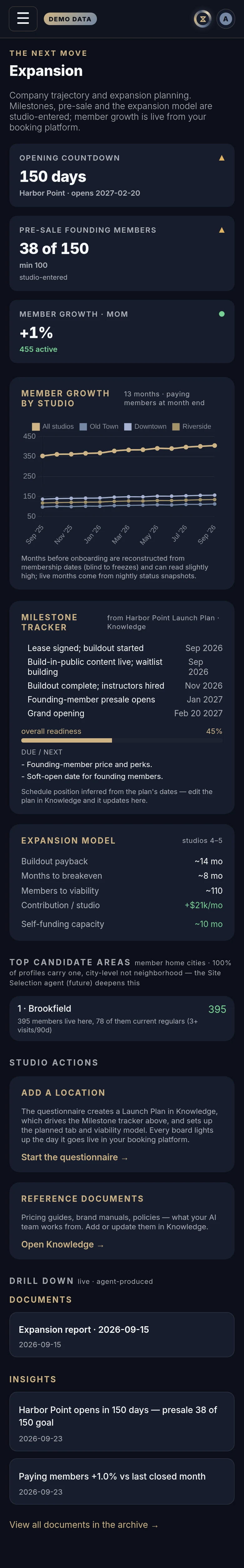 The Expansion in Xyzios on All locations, phone size, dark theme, showing the Demo Studio