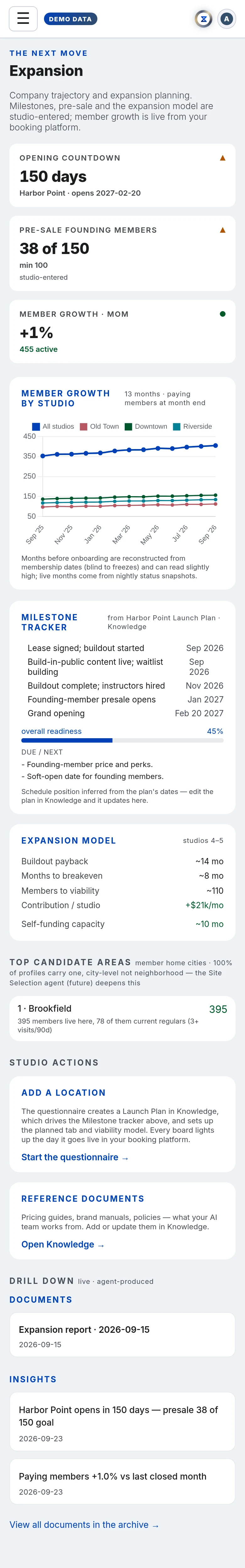 The Expansion in Xyzios on All locations, phone size, light theme, showing the Demo Studio