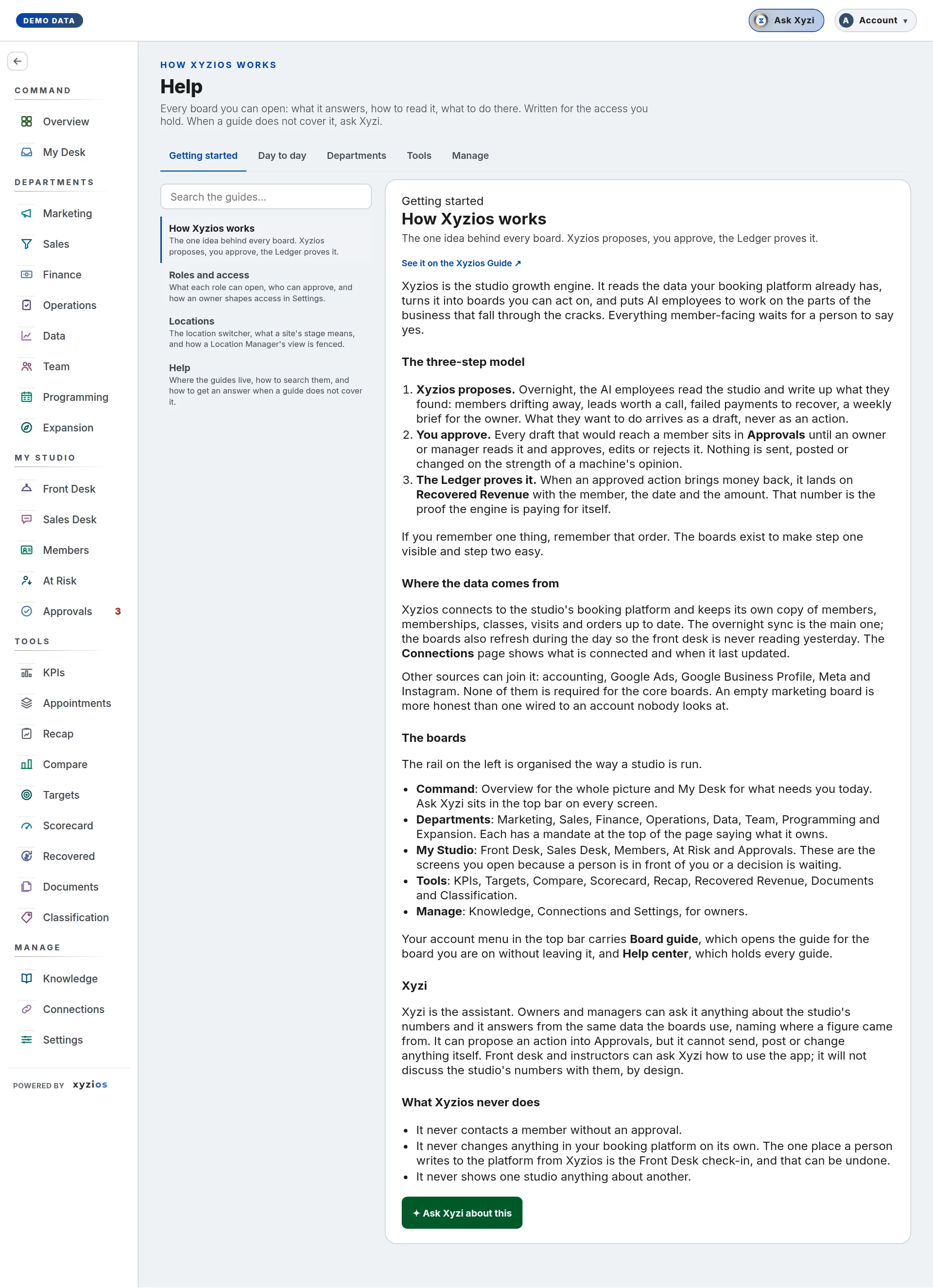 The Help in Xyzios on All locations, desktop size, light theme, showing the Demo Studio