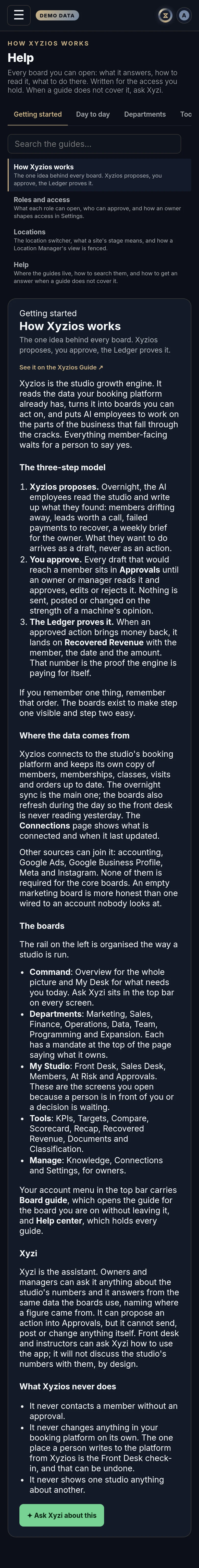 The Help in Xyzios on All locations, phone size, dark theme, showing the Demo Studio
