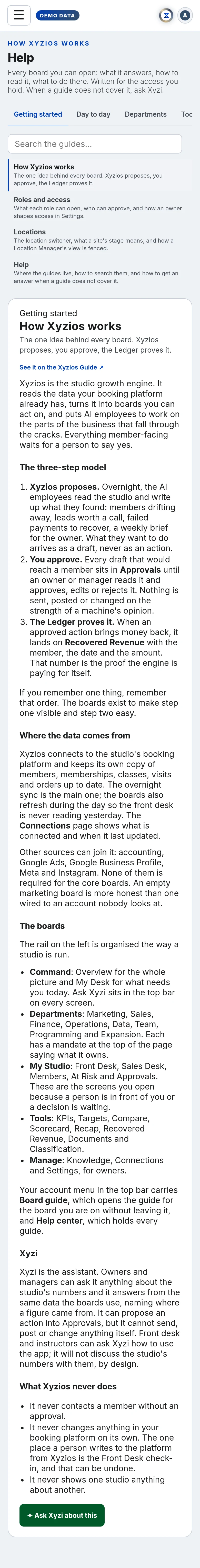 The Help in Xyzios on All locations, phone size, light theme, showing the Demo Studio