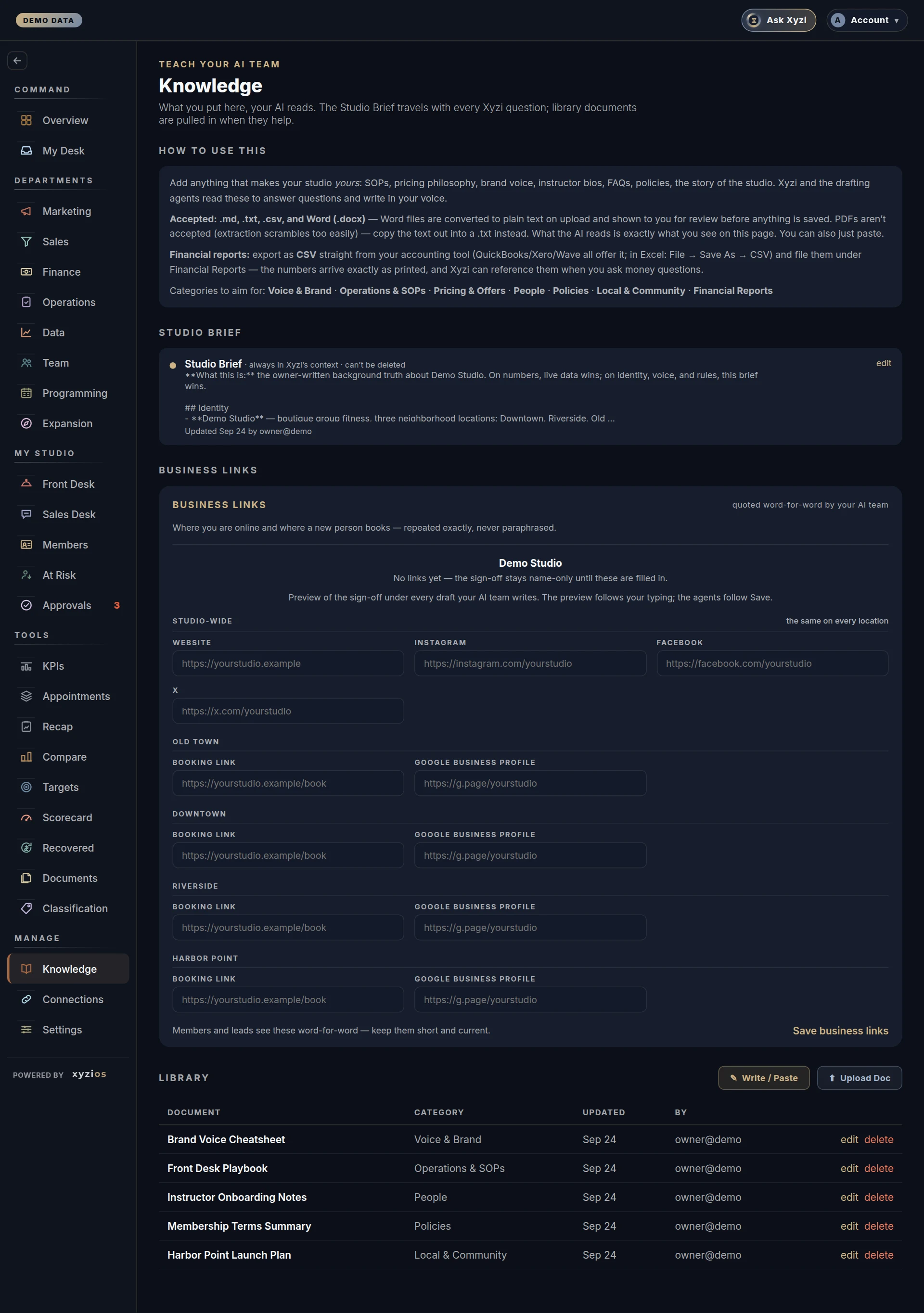 The Knowledge in Xyzios on All locations, desktop size, dark theme, showing the Demo Studio