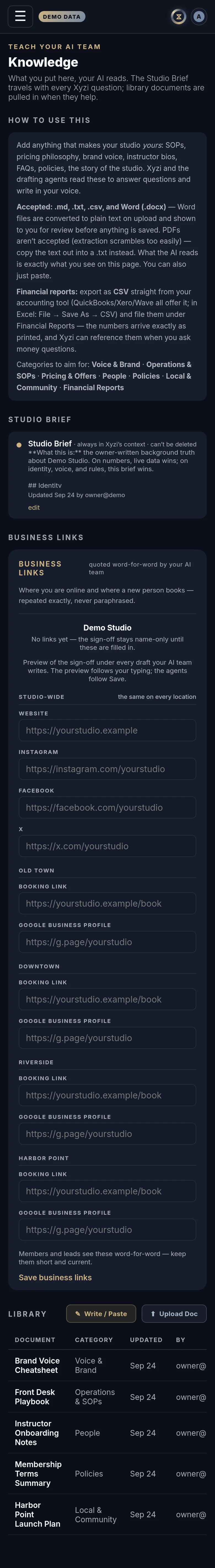 The Knowledge in Xyzios on All locations, phone size, dark theme, showing the Demo Studio
