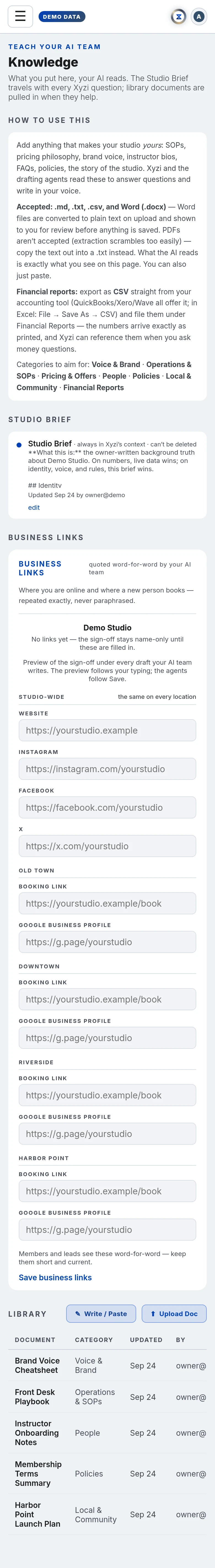 The Knowledge in Xyzios on All locations, phone size, light theme, showing the Demo Studio