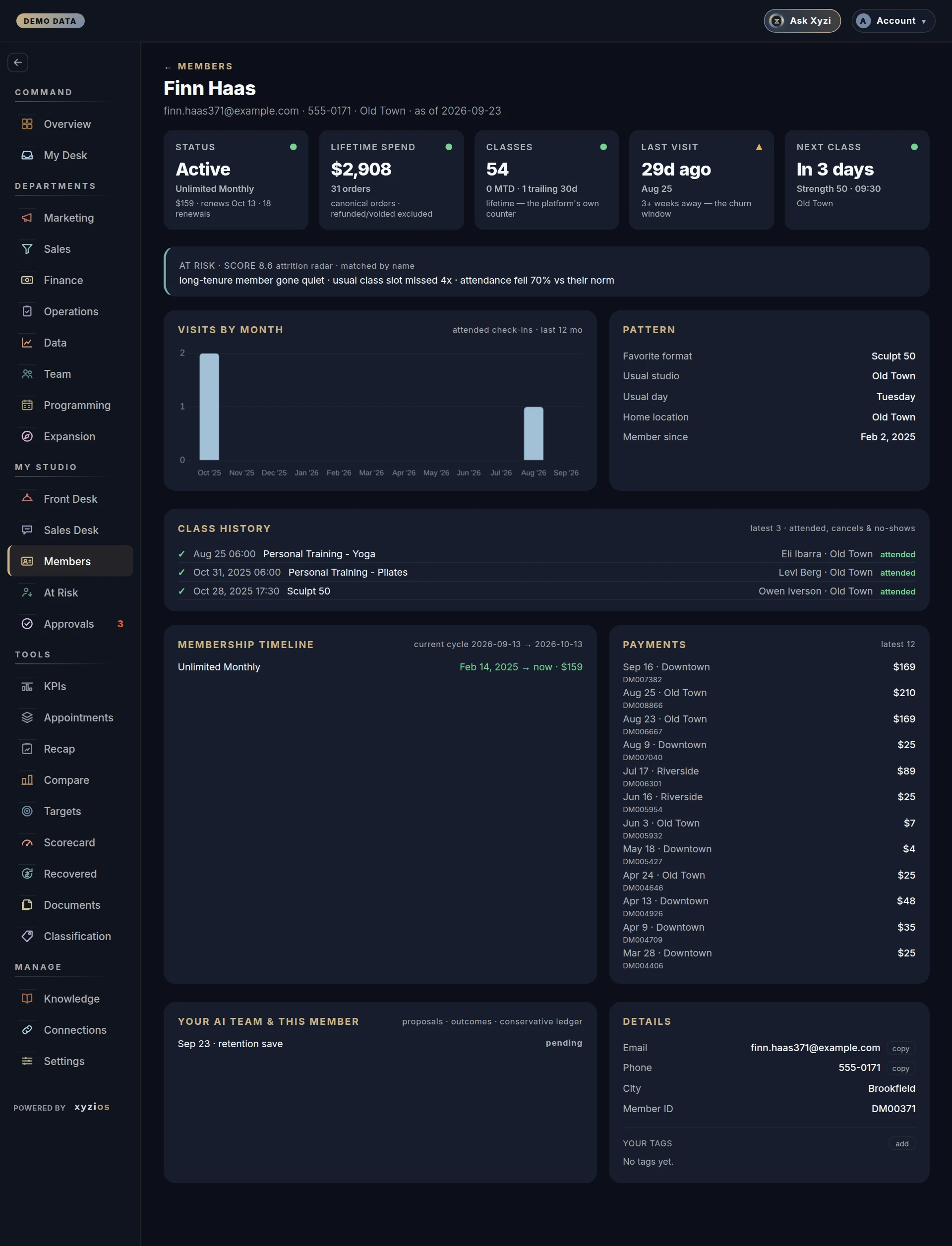 The Members in Xyzios on All locations, desktop size, dark theme, showing the Demo Studio