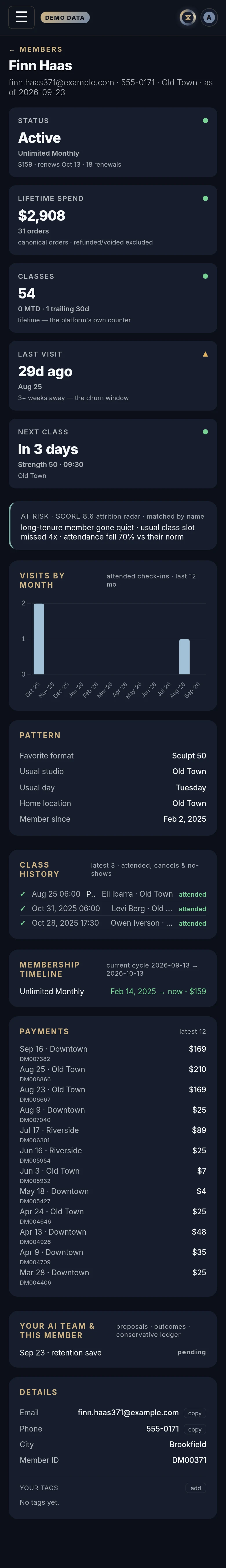 The Members in Xyzios on All locations, phone size, dark theme, showing the Demo Studio
