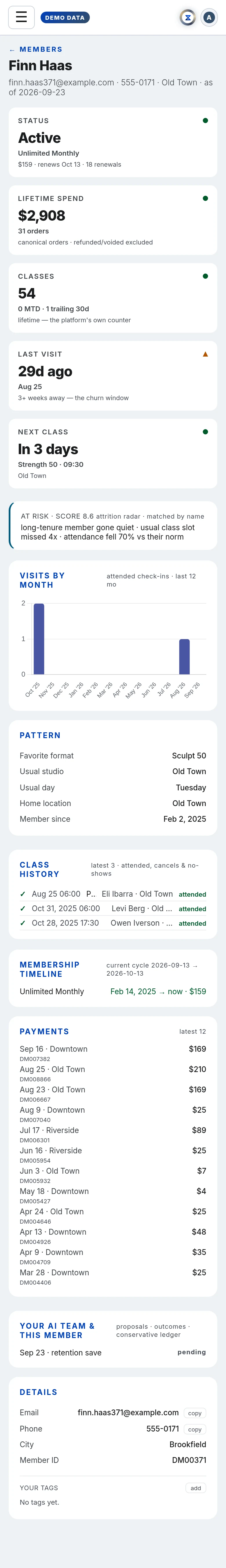 The Members in Xyzios on All locations, phone size, light theme, showing the Demo Studio