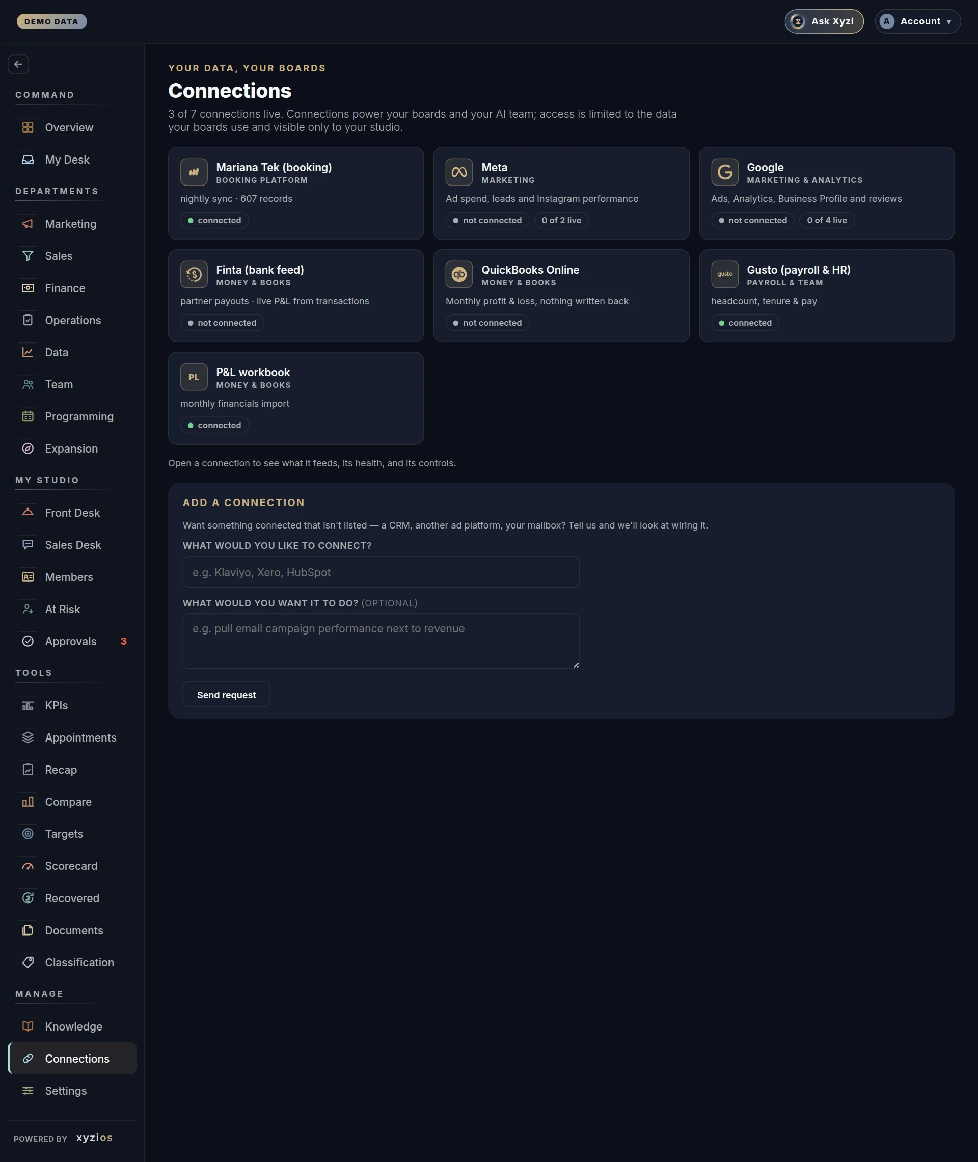 The Connections in Xyzios on All locations, desktop size, dark theme, showing the Demo Studio