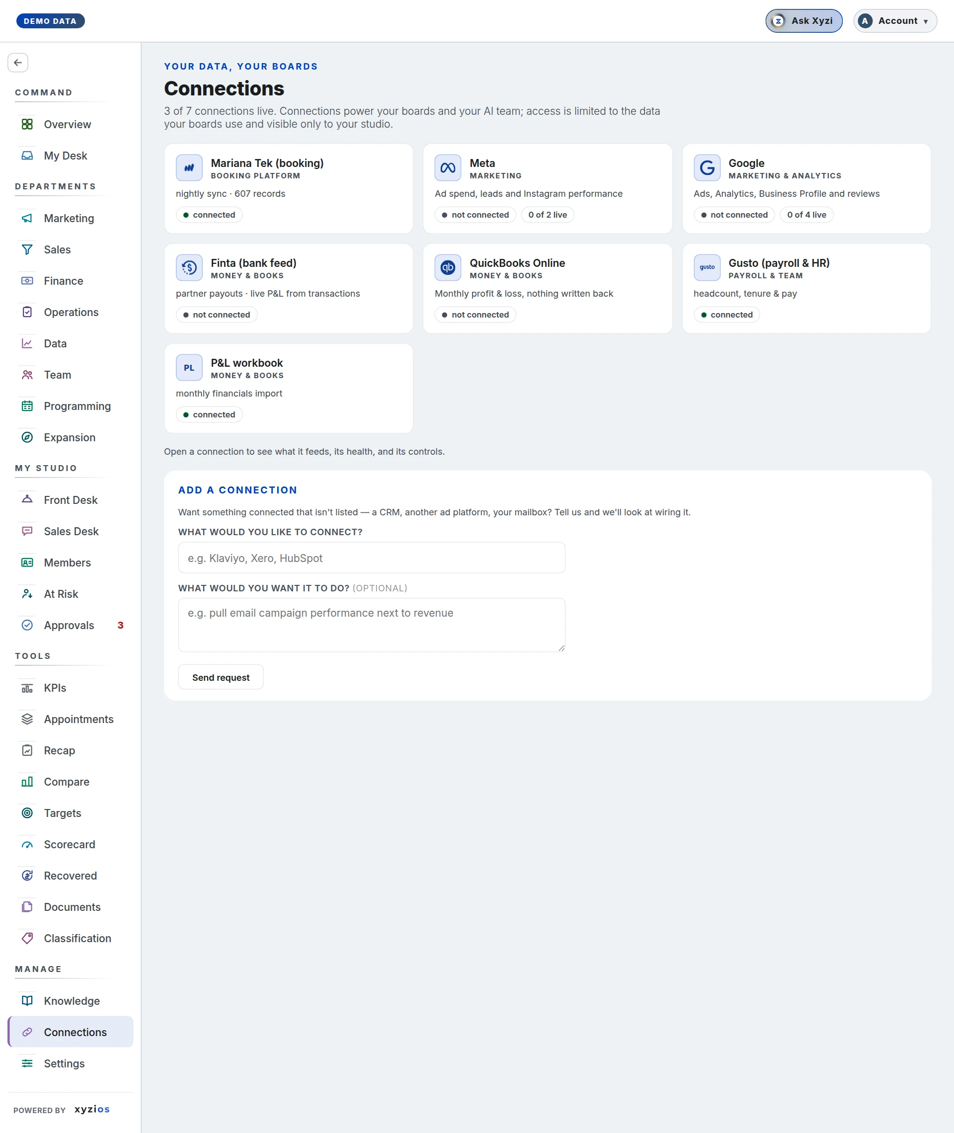 The Connections in Xyzios on All locations, desktop size, light theme, showing the Demo Studio
