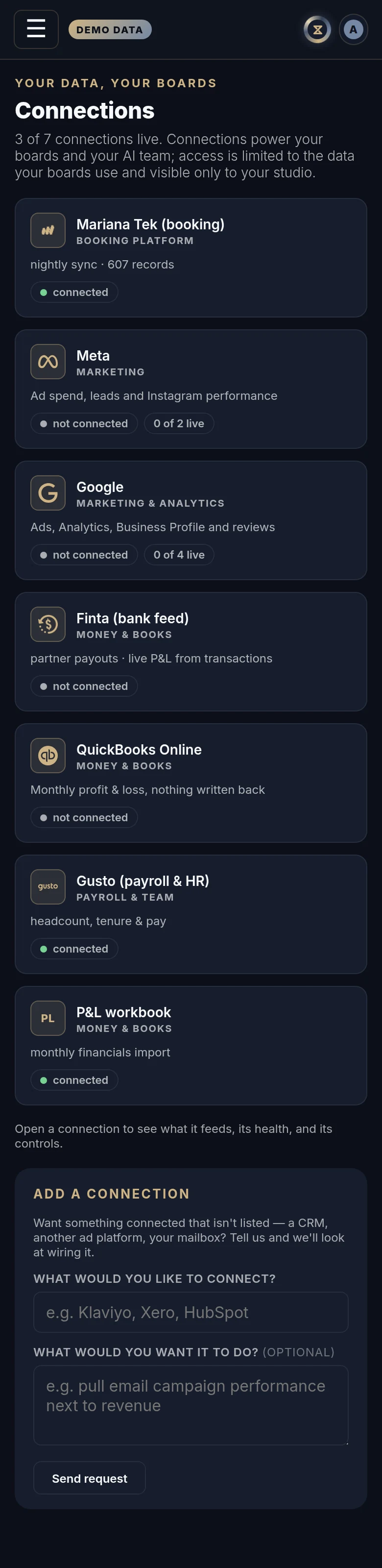 The Connections in Xyzios on All locations, phone size, dark theme, showing the Demo Studio