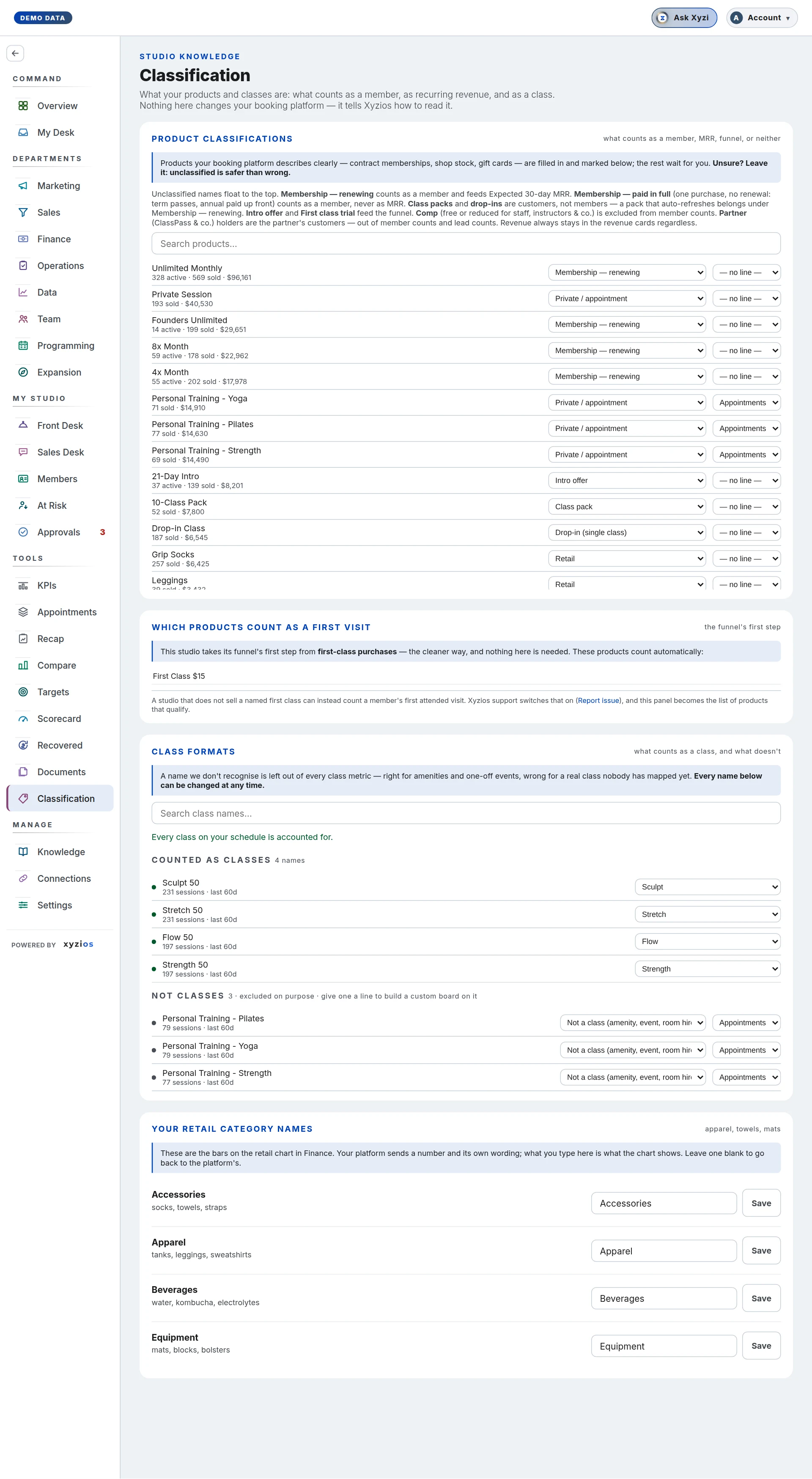 The Classification in Xyzios on All locations, desktop size, light theme, showing the Demo Studio