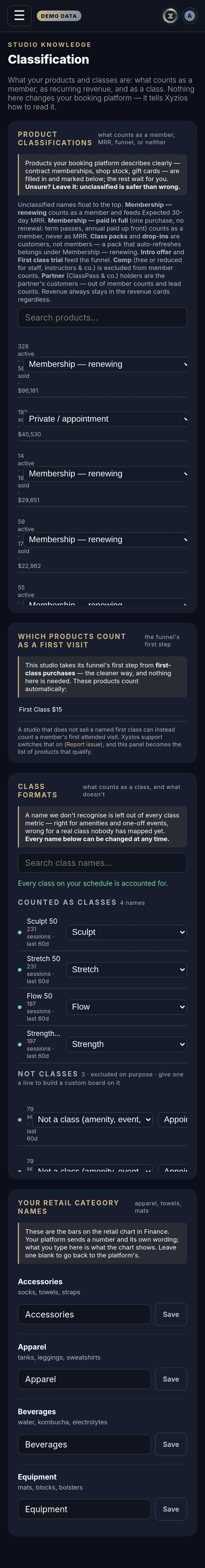 The Classification in Xyzios on All locations, phone size, dark theme, showing the Demo Studio