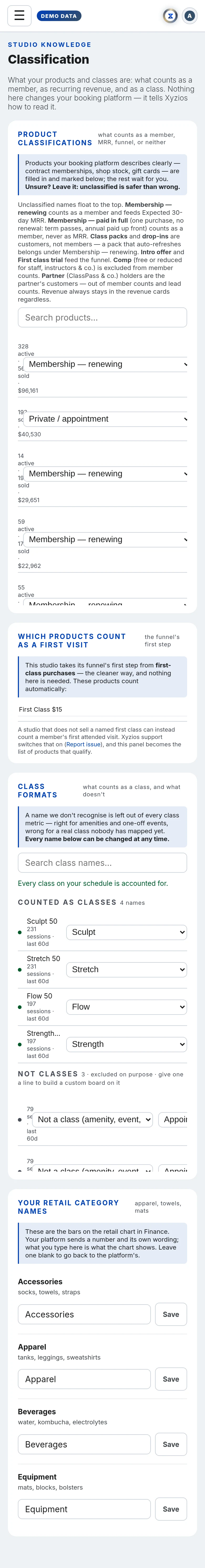 The Classification in Xyzios on All locations, phone size, light theme, showing the Demo Studio