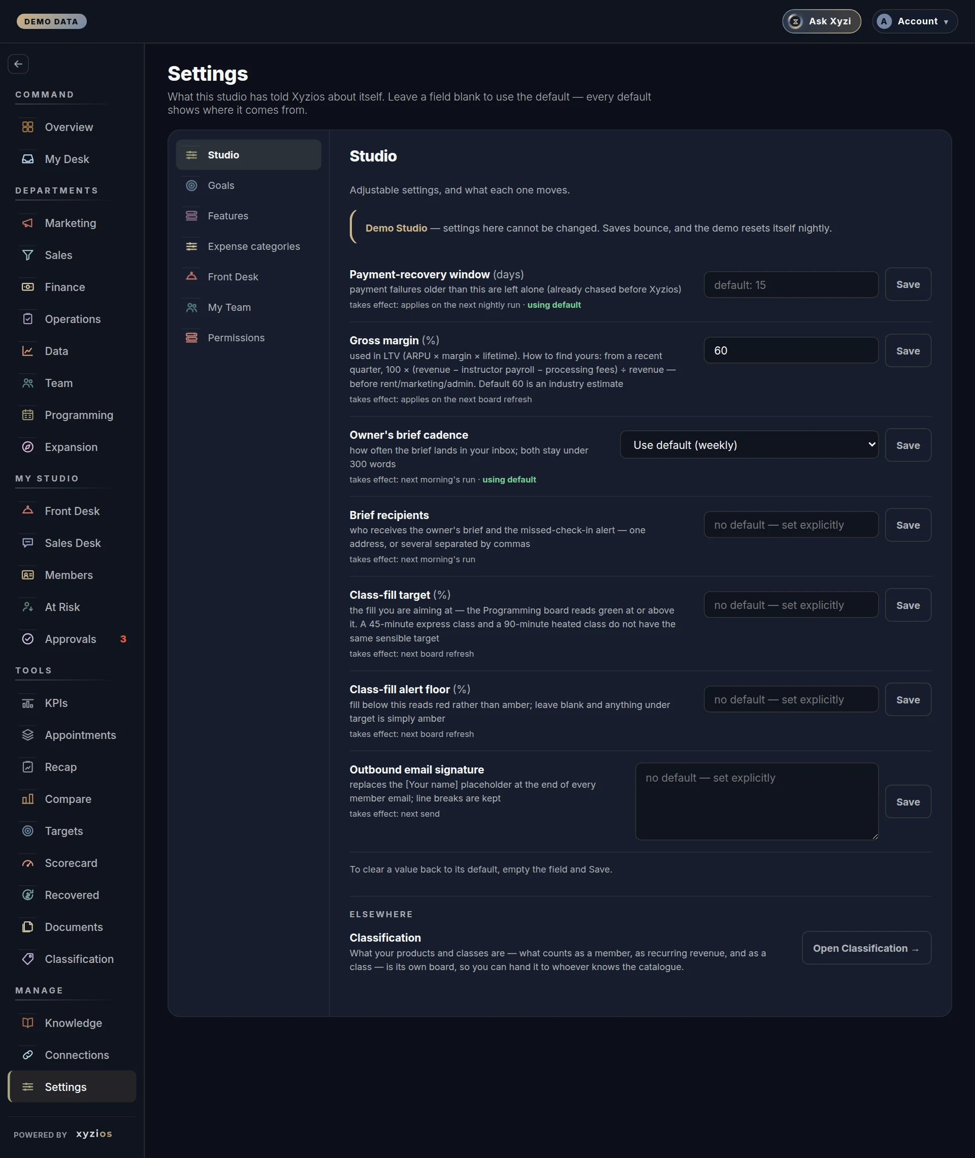 The Settings in Xyzios on All locations, desktop size, dark theme, showing the Demo Studio