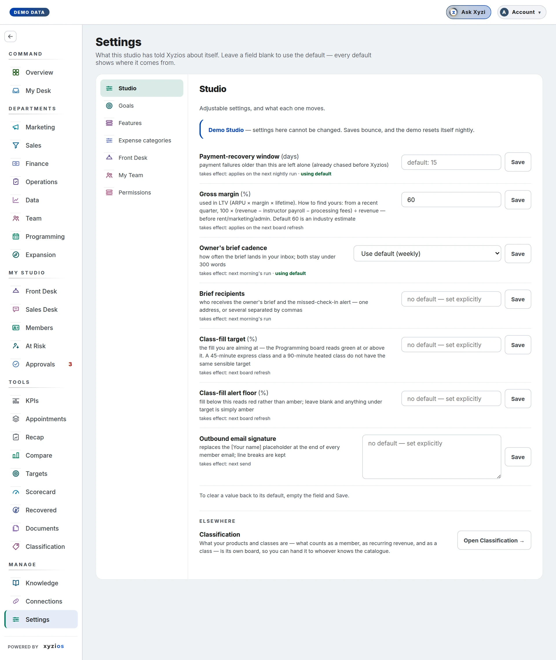 The Settings in Xyzios on All locations, desktop size, light theme, showing the Demo Studio