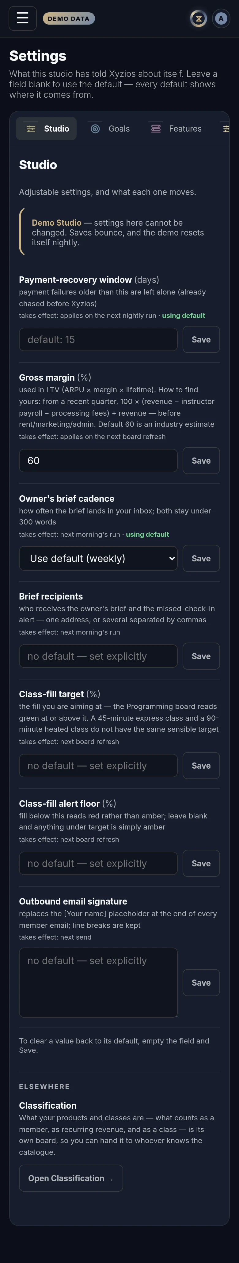 The Settings in Xyzios on All locations, phone size, dark theme, showing the Demo Studio
