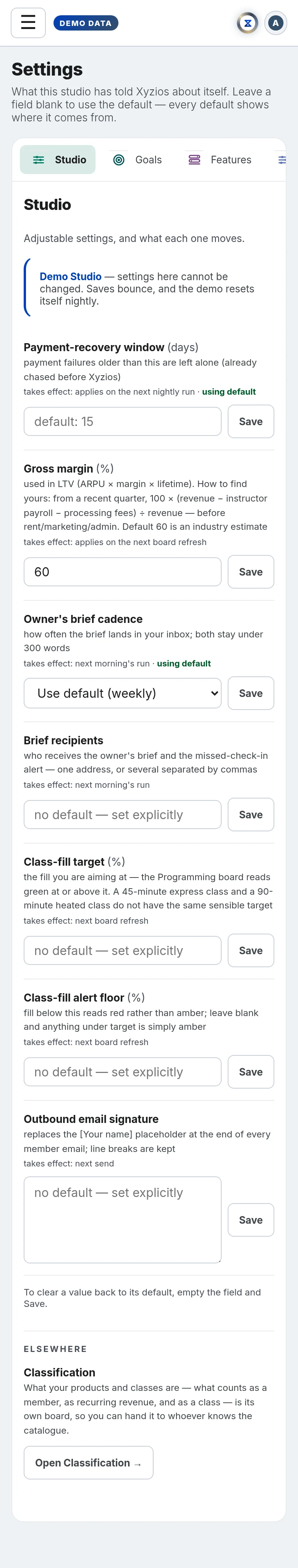 The Settings in Xyzios on All locations, phone size, light theme, showing the Demo Studio